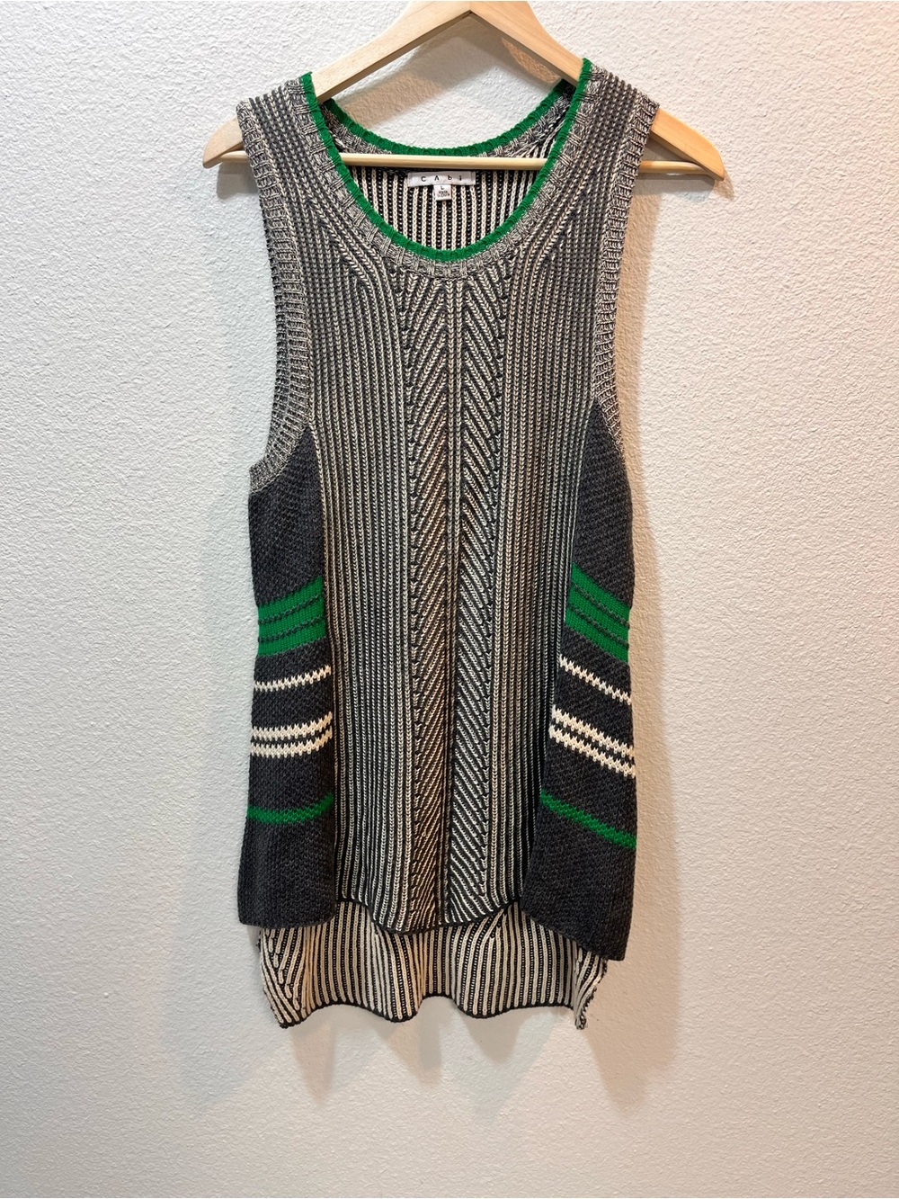 CAbi Striped Sleeveless Knit Tank in Gray, Black & Green